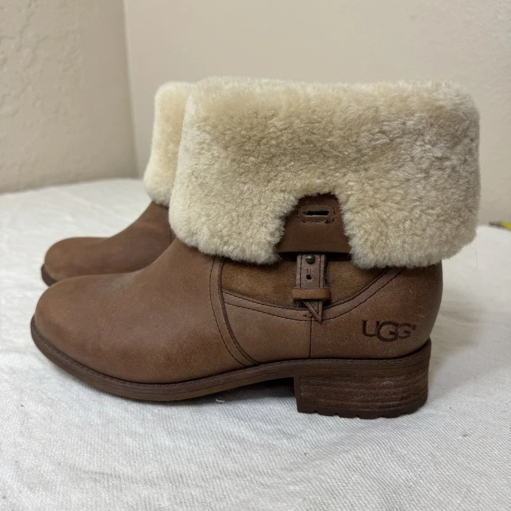 UGG Boots Chyler Shearling Brown Leather Ankle Bootie Womens 8.5 Western 1012524